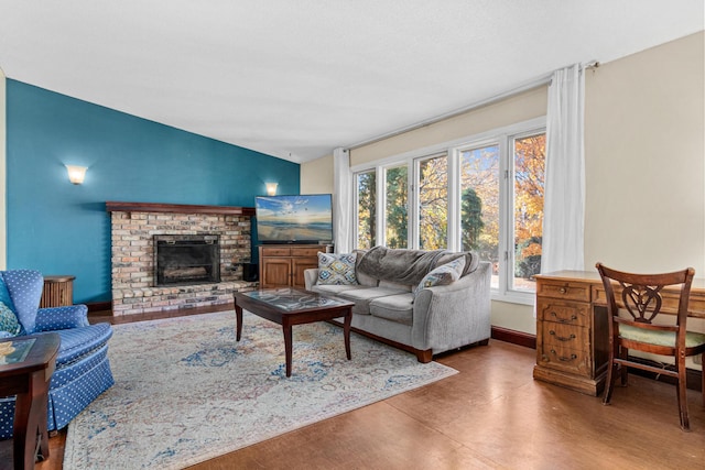 living room with a fireplace