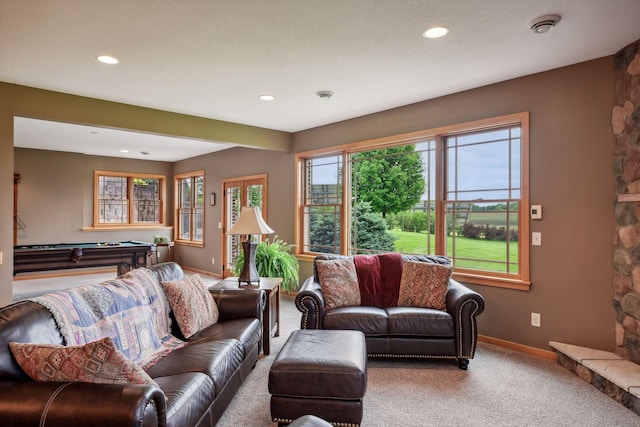 living room featuring carpet and billiards