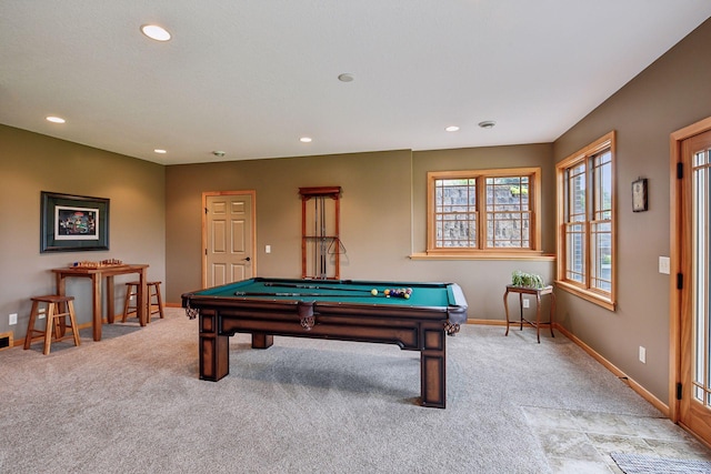 recreation room with light carpet and billiards