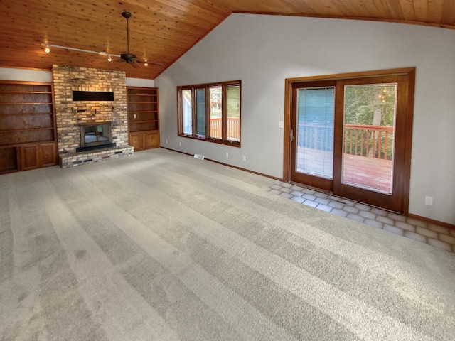 unfurnished living room with light carpet, vaulted ceiling, ceiling fan, and wood ceiling