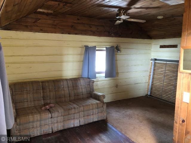 unfurnished room with lofted ceiling, ceiling fan, and wood ceiling