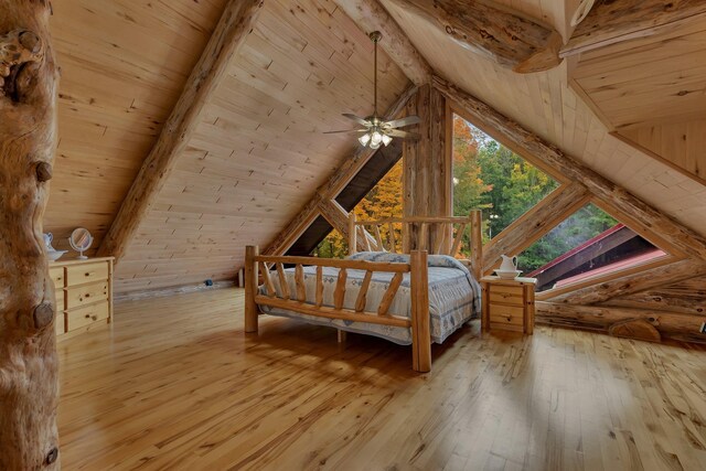 unfurnished bedroom with wood ceiling, wood walls, light hardwood / wood-style floors, and lofted ceiling with beams