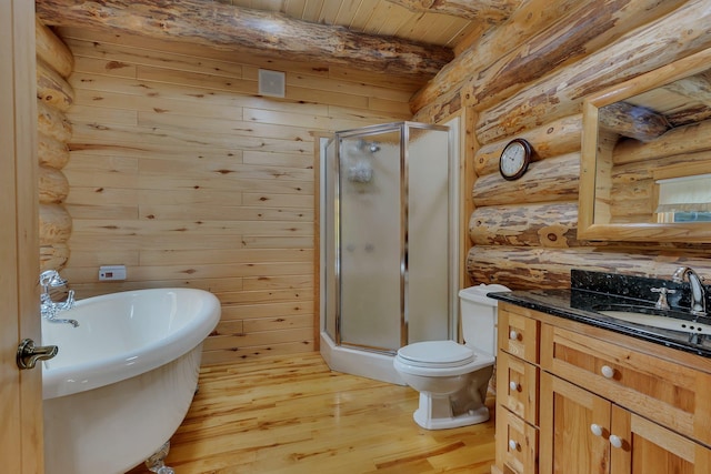 full bathroom featuring beamed ceiling, vanity, hardwood / wood-style flooring, shower with separate bathtub, and wooden ceiling