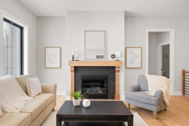 living room featuring hardwood / wood-style floors and a fireplace