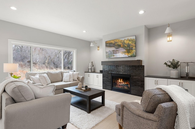 living room featuring light hardwood / wood-style floors and a fireplace