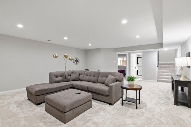 living room featuring light colored carpet