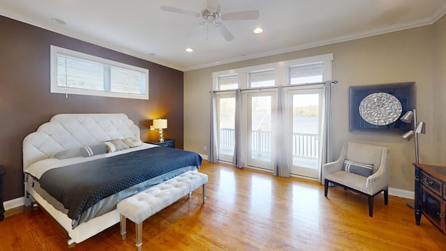 bedroom with access to exterior, crown molding, ceiling fan, and hardwood / wood-style floors