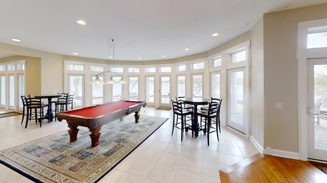 playroom with light tile patterned floors and billiards