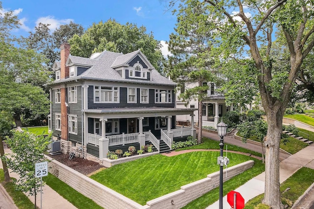 view of front of house featuring a front yard, central AC, and covered porch