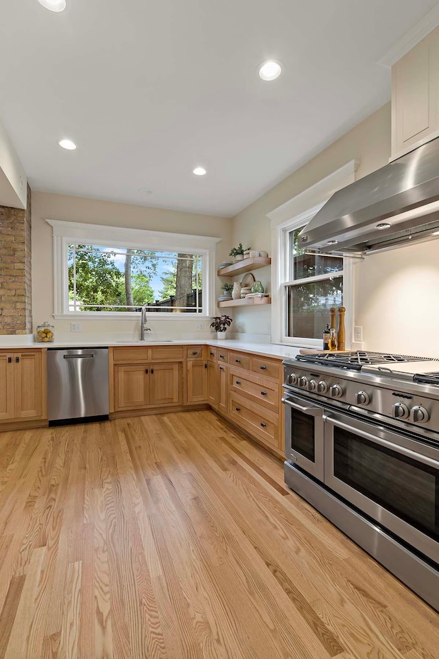 kitchen with appliances with stainless steel finishes, sink, exhaust hood, and light hardwood / wood-style flooring