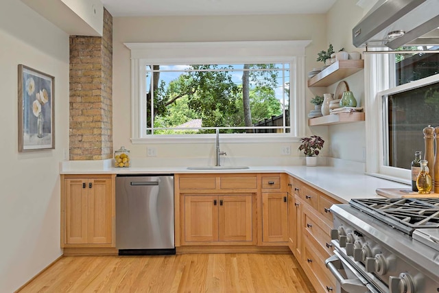 kitchen featuring stainless steel appliances, sink, and light hardwood / wood-style flooring