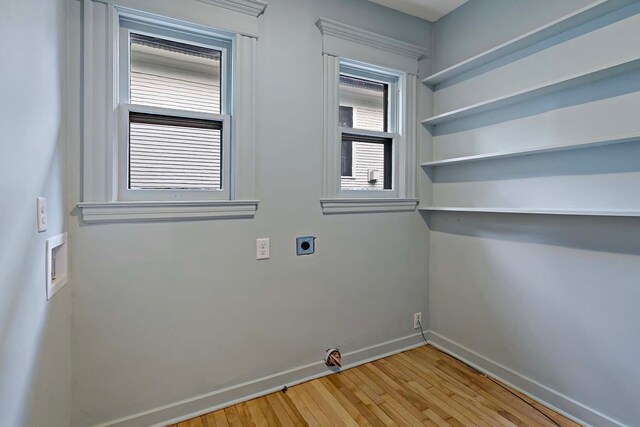 washroom with electric dryer hookup and light hardwood / wood-style flooring