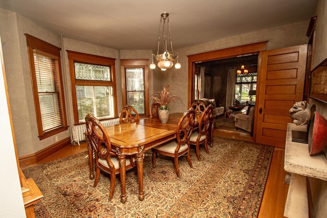 dining area featuring radiator heating unit, a notable chandelier, and hardwood / wood-style floors