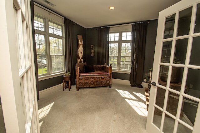 living area with carpet floors, a healthy amount of sunlight, and french doors