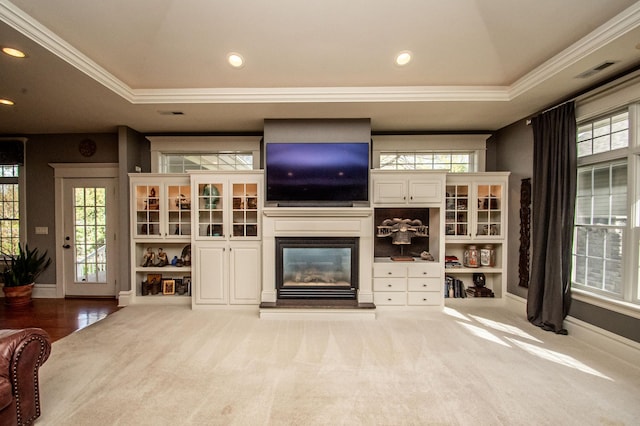 unfurnished living room with ornamental molding, carpet floors, and a raised ceiling