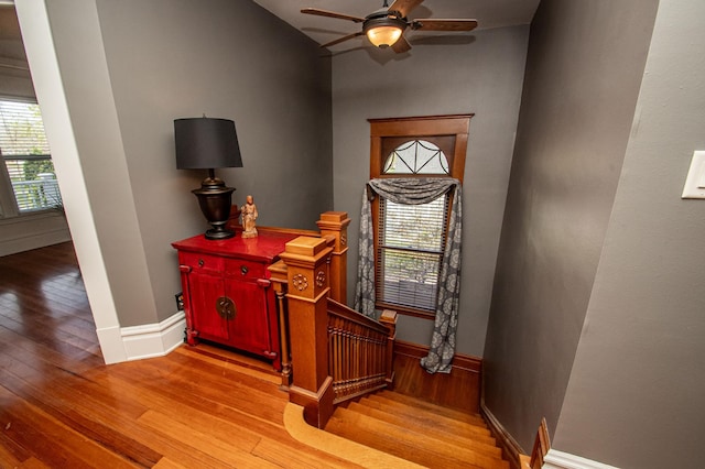 stairs featuring ceiling fan and hardwood / wood-style floors