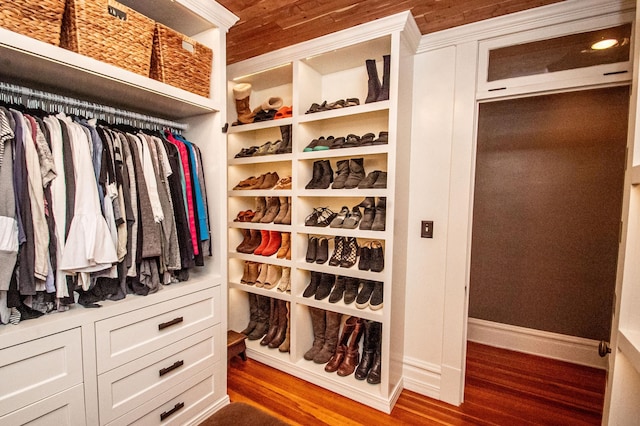 spacious closet with dark wood-type flooring