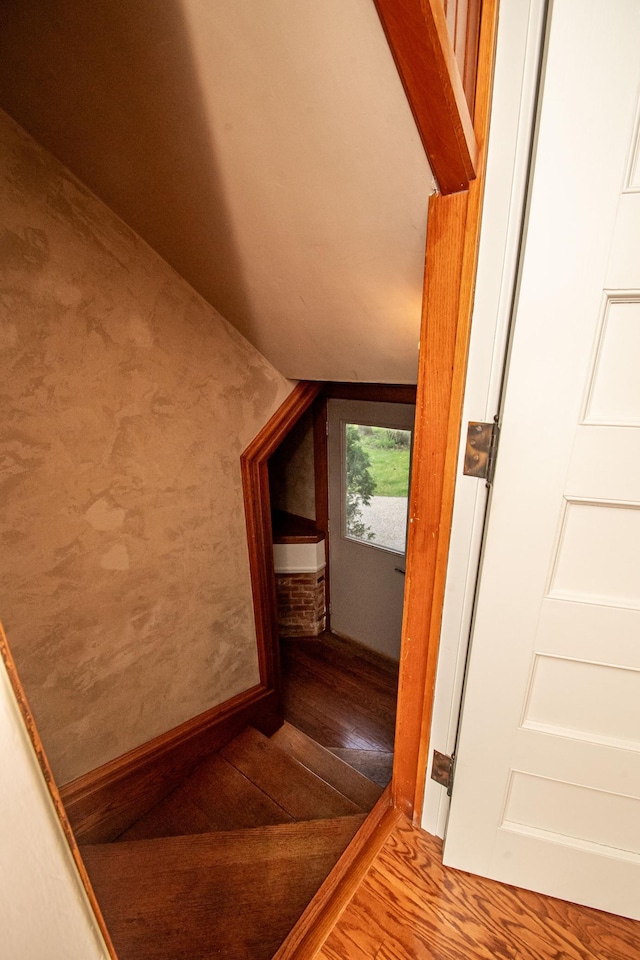 stairway with wood-type flooring