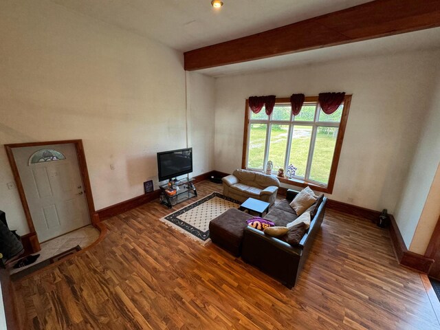 living room with beamed ceiling and wood-type flooring