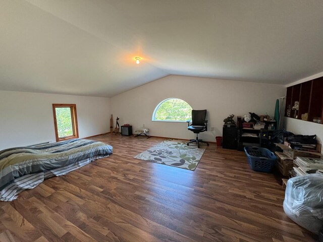 bedroom featuring dark hardwood / wood-style flooring and lofted ceiling