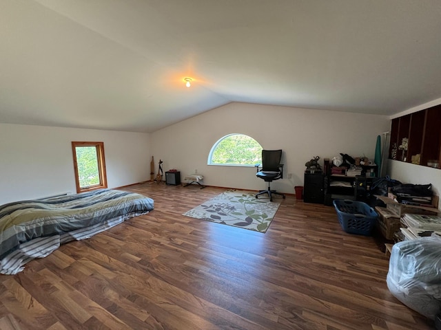 bedroom featuring lofted ceiling and wood finished floors