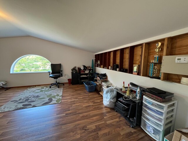 living room with vaulted ceiling and dark wood-type flooring