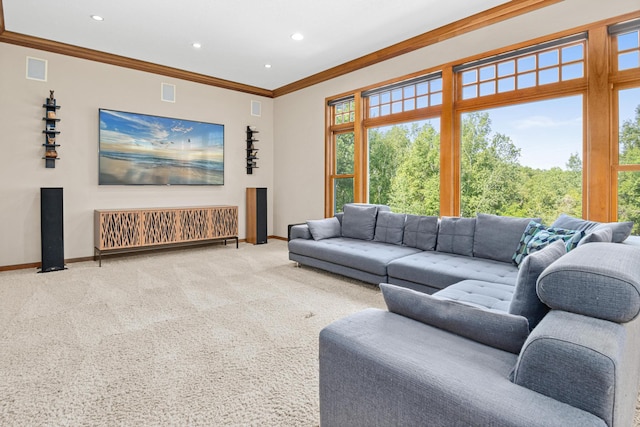 living room featuring carpet flooring and crown molding