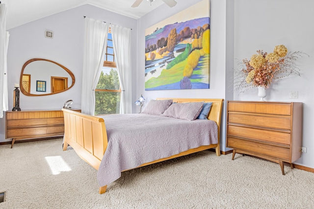 bedroom featuring ceiling fan and light carpet