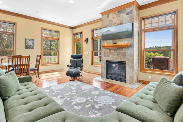 living room with a fireplace, ornamental molding, and hardwood / wood-style floors