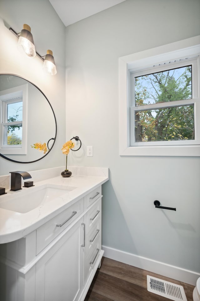 bathroom featuring vanity and hardwood / wood-style floors