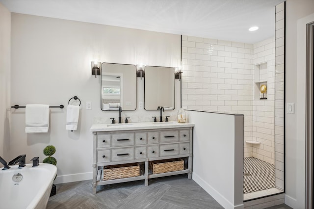 bathroom featuring vanity and separate shower and tub