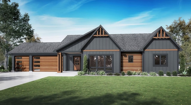 view of front of property featuring board and batten siding, roof with shingles, concrete driveway, a front yard, and a garage