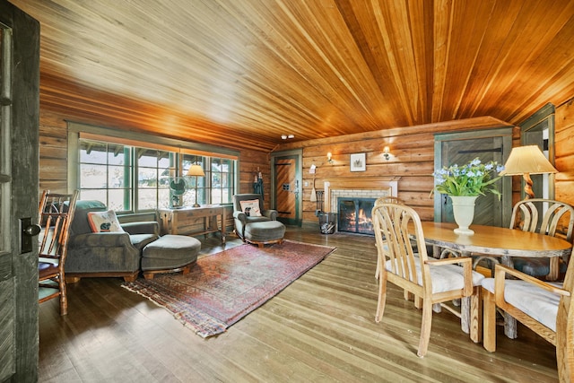 dining area with wood ceiling, a fireplace, and wood-type flooring