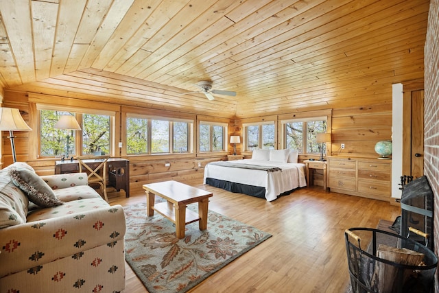2799 27th St Unit 8, Katherine, Birchwood, WI 54817 - bedroom with vaulted ceiling, wooden ceiling, wood walls, and light wood-style flooring