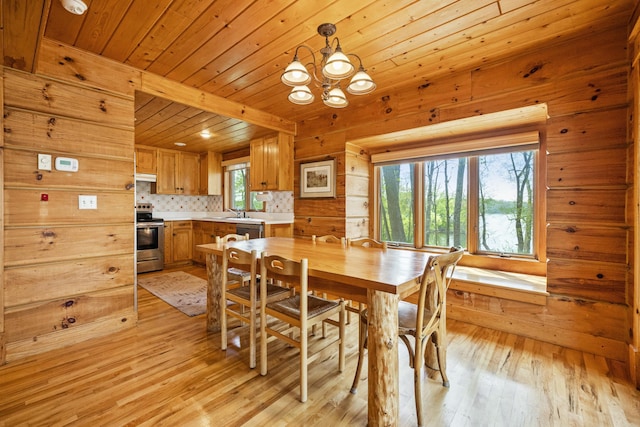 2799 27th St Unit 8, Katherine, Birchwood, WI 54817 - dining room featuring a chandelier, wooden ceiling, light wood-style floors, and wooden walls