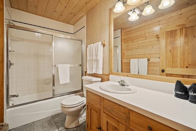 2799 27th St Unit 8, Katherine, Birchwood, WI 54817 - full bathroom featuring vanity, toilet, wood ceiling, shower / bath combination with glass door, and wooden walls