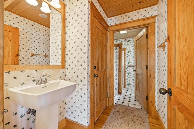 2799 27th St Unit 8, Katherine, Birchwood, WI 54817 - bathroom with wallpapered walls, wood finished floors, and wooden ceiling