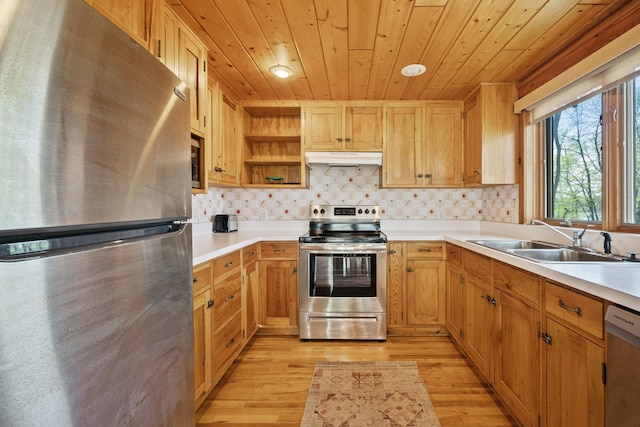 2799 27th St Unit 8, Katherine, Birchwood, WI 54817 - kitchen with appliances with stainless steel finishes, a sink, under cabinet range hood, open shelves, and light wood-style floors