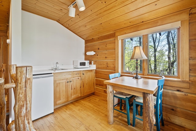 2799 27th St Unit 8, Katherine, Birchwood, WI 54817 - kitchen with white appliances, a sink, light wood finished floors, wood ceiling, and vaulted ceiling