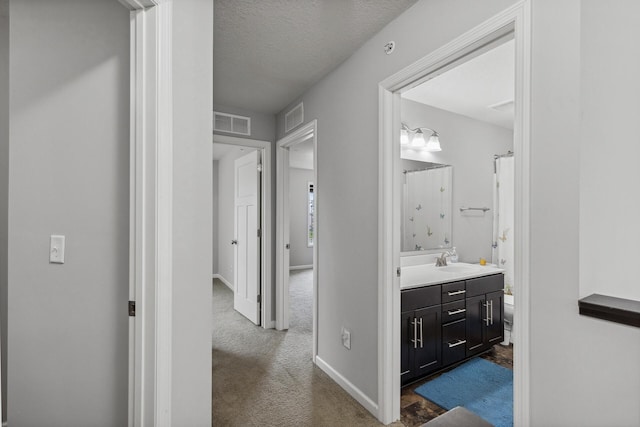 hall featuring sink, carpet, and a textured ceiling