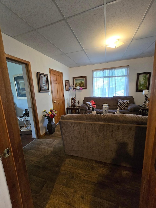 living room with hardwood / wood-style floors and a drop ceiling