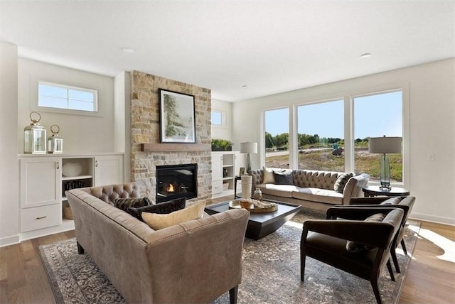 living room with hardwood / wood-style flooring and a stone fireplace