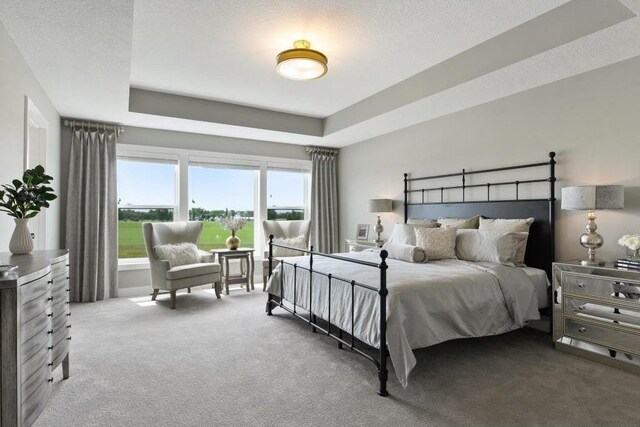 bedroom with a textured ceiling, light colored carpet, and a raised ceiling