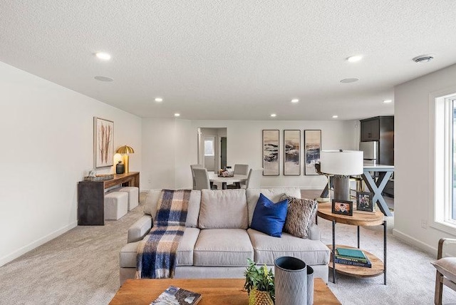 carpeted living room with a textured ceiling