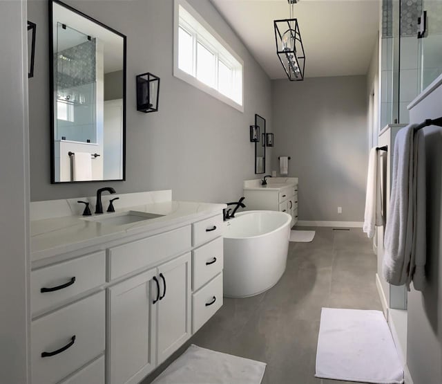 bathroom featuring plus walk in shower, vanity, and concrete floors