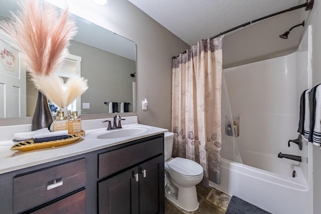 full bathroom featuring a textured ceiling, vanity, toilet, and shower / bathtub combination with curtain