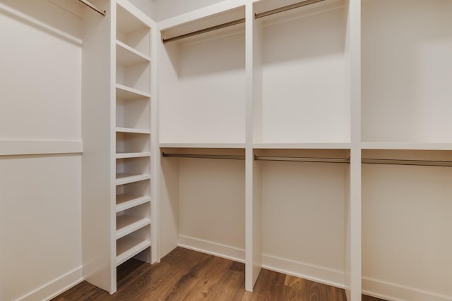 walk in closet with dark wood-type flooring