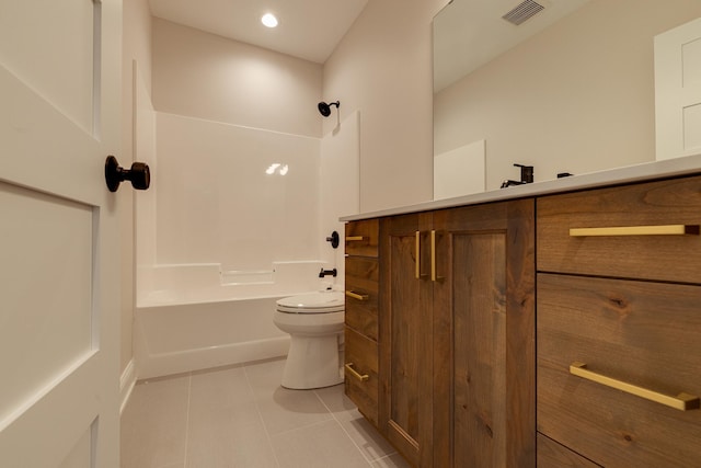 bathroom featuring toilet, recessed lighting, bathing tub / shower combination, visible vents, and tile patterned floors