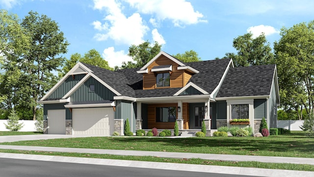 craftsman house with covered porch, a shingled roof, stone siding, driveway, and a front lawn