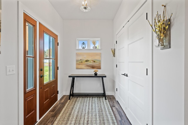 entryway with dark wood-type flooring